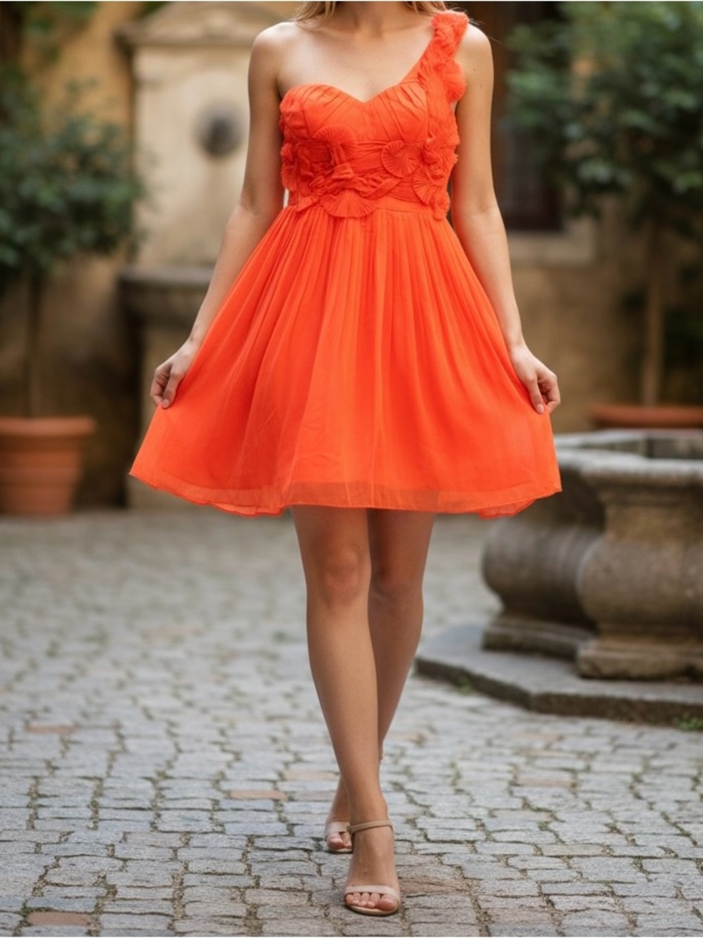 Bebe One-Shoulder Orange Silk Floral appliqué Mini Dress